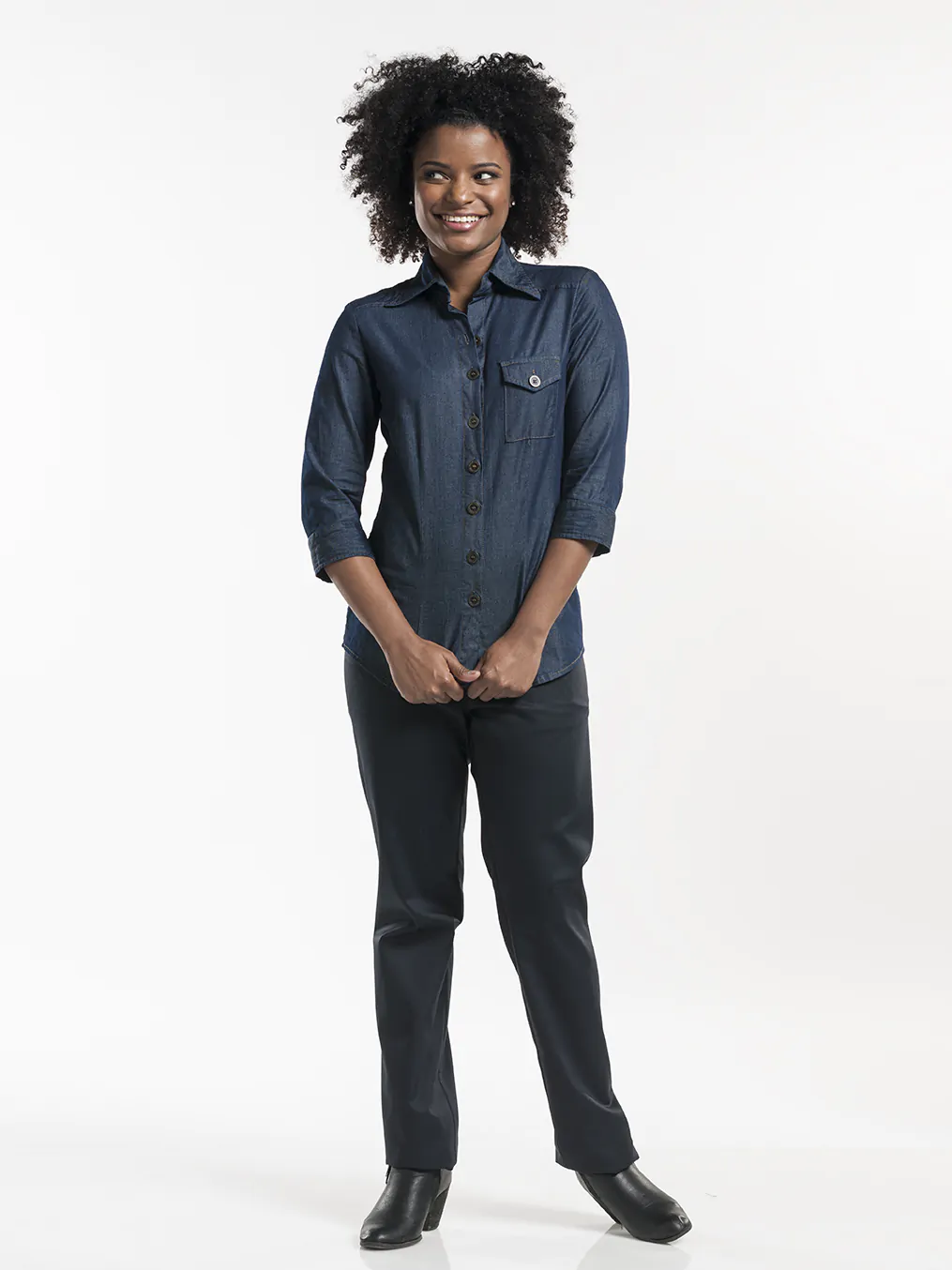 Blouse dames CD blue denim stretch 3/4 mouw Blouse dames CD blue denim stretch 3/4 mouw