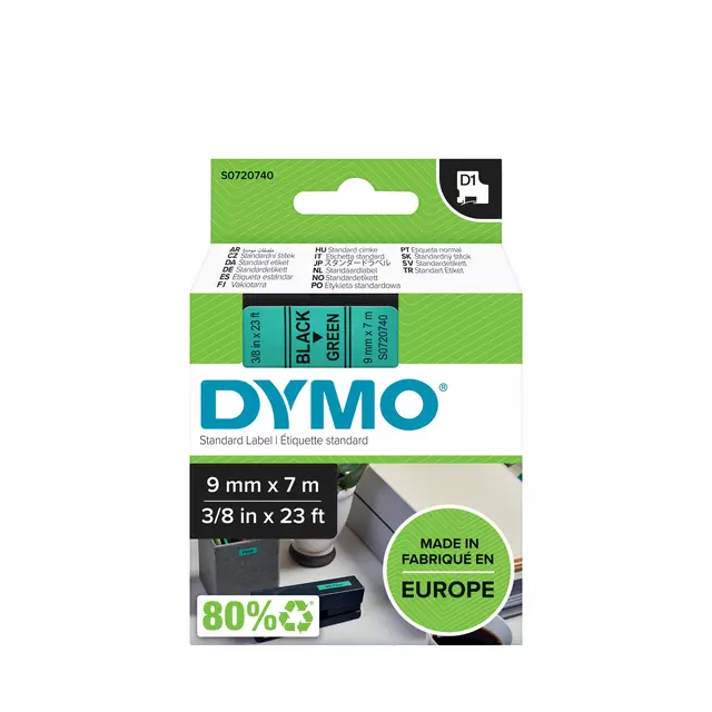 Dymo Labeltape D1 9mmx7m Zwart/Groen
