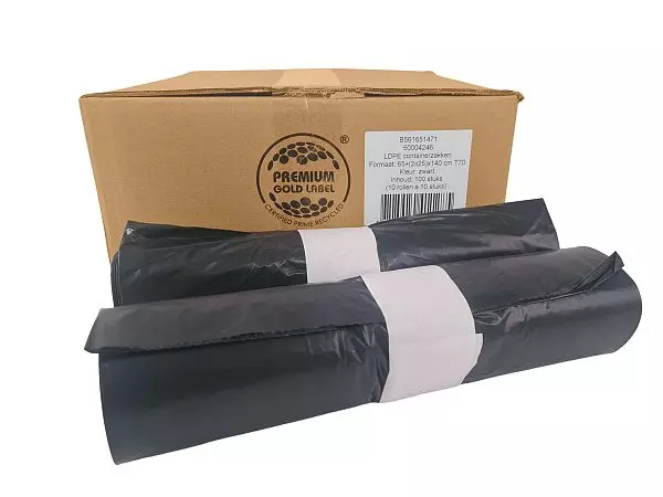 Afvalzak LDPE 65x25x140cm T70 42mu Zwart