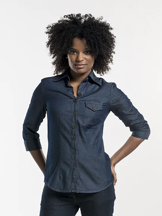 Blouse dames CD blue denim stretch 3/4 mouw Blouse dames CD blue denim stretch 3/4 mouw