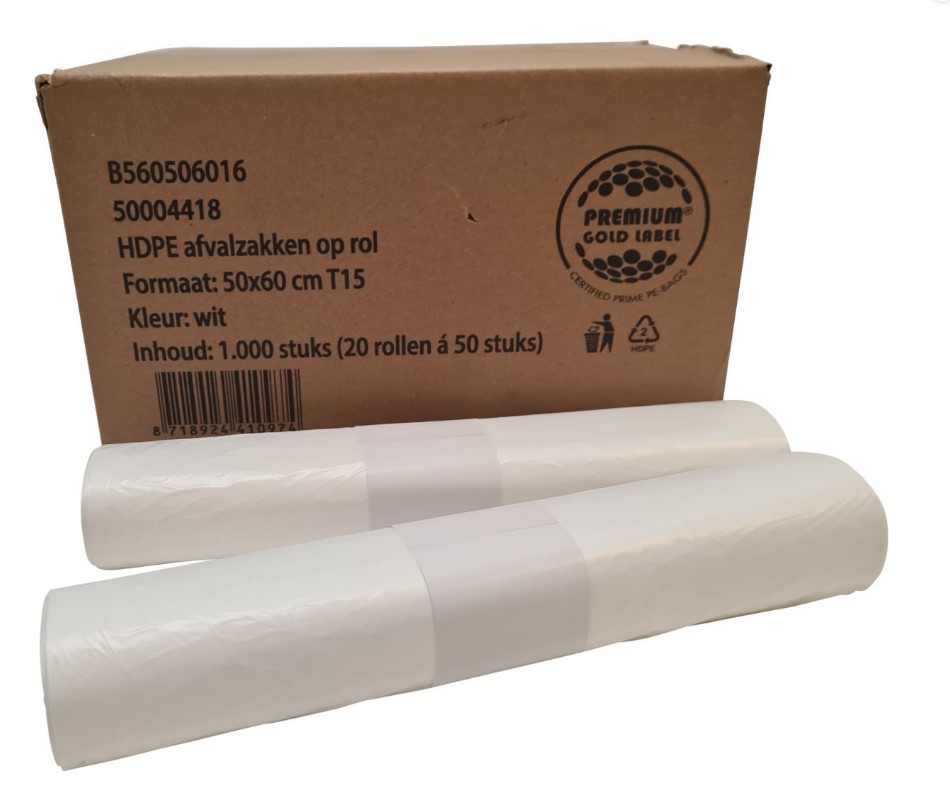 Zak HDPE rol 50x60cm 10mu T15 wit (rol à 50st)