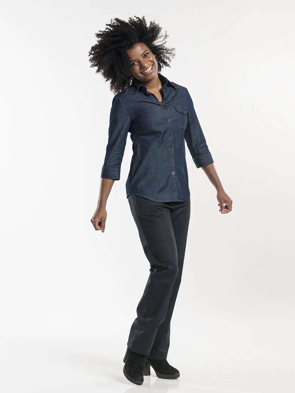 Blouse dames CD blue denim stretch 3/4 mouw Blouse dames CD blue denim stretch 3/4 mouw