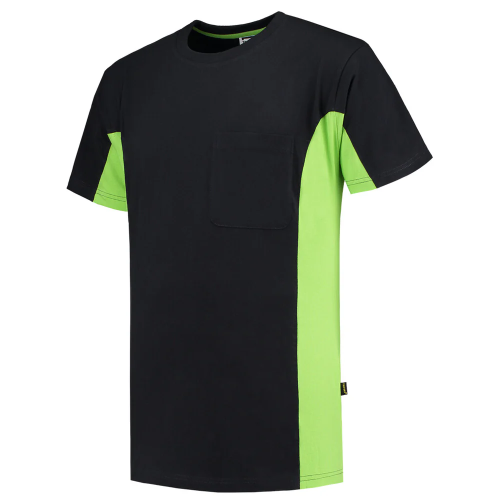T-shirt marine/lime bicolor met borstzak