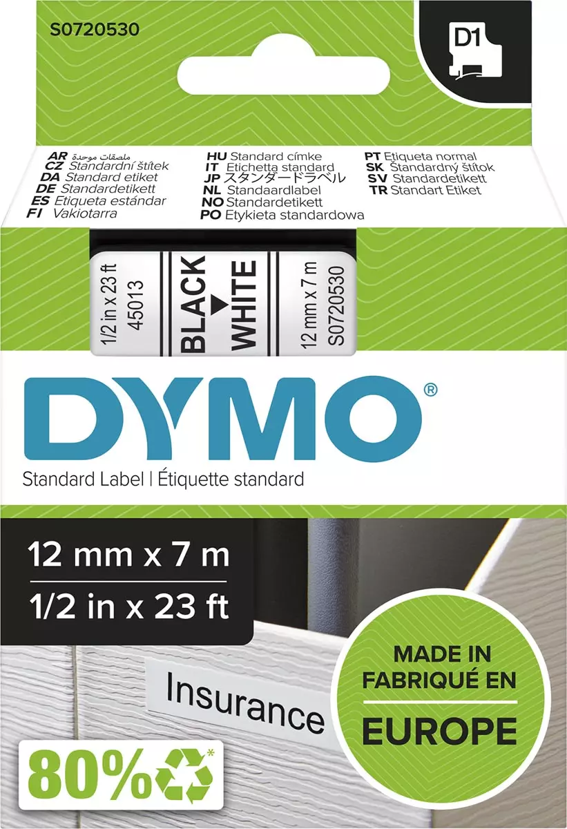Dymo Labeltape D1 12mmx7m Wit/Zwart