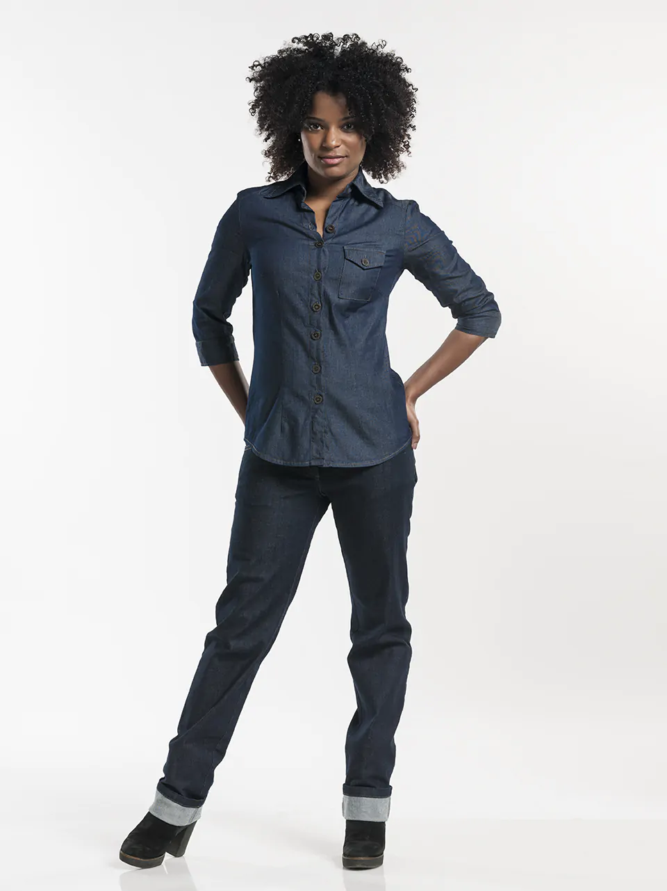 Blouse dames CD blue denim stretch 3/4 mouw Blouse dames CD blue denim stretch 3/4 mouw