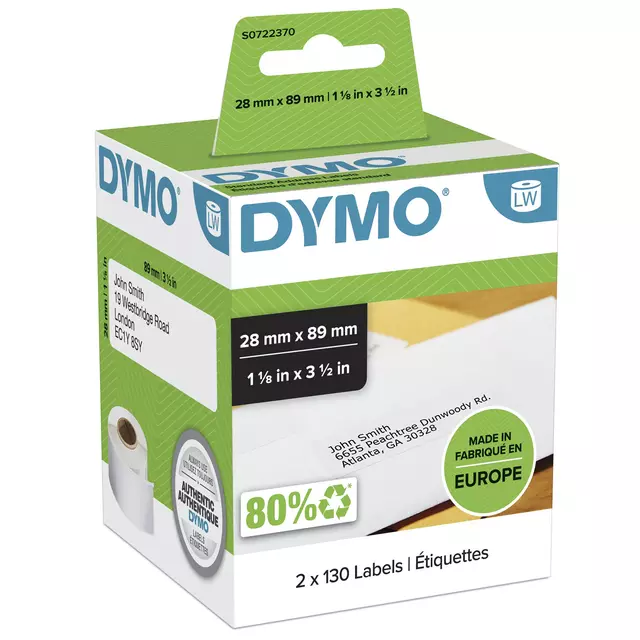 Dymo Label Etiket 28mmx89mm Wit 2x130 stuks