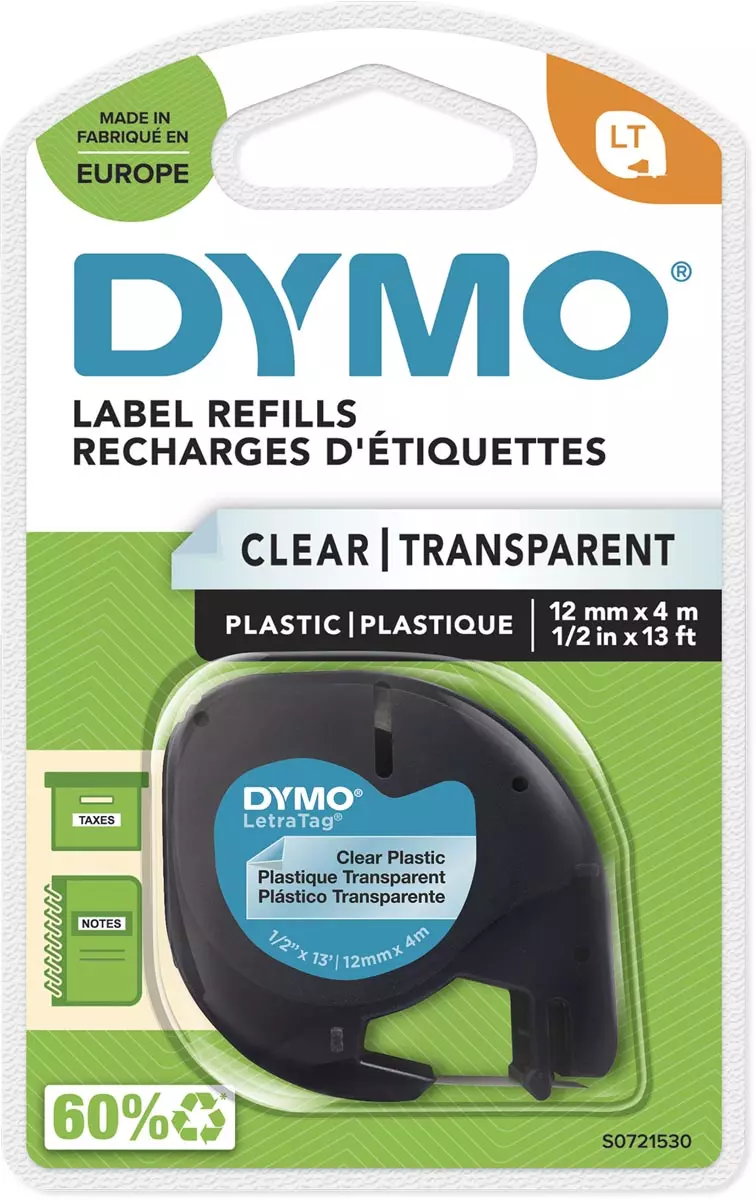 Dymo Labeltape Letratag 12mmx4m Zwart Op Transparant
