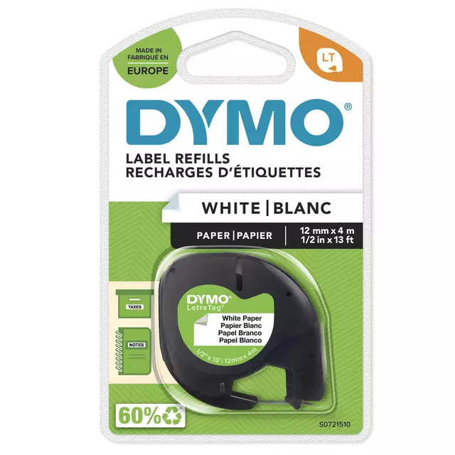 Dymo Labeltape Letratag 12mmx4m Zwart Op Wit