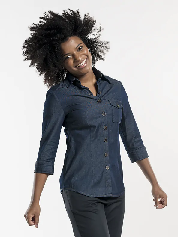 Blouse dames CD blue denim stretch 3/4 mouw Blouse dames CD blue denim stretch 3/4 mouw