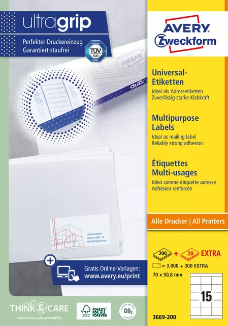 Etiket Avery Zweck 70x50.8mm Wit 3000 stuks