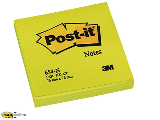 Memoblok 3M Post-It 654N 76x76mm Neon geel (pak à 6st)